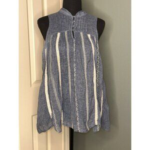 Ryu Blue and White Cuffed Sleeve Blouse with Mandarin Collar